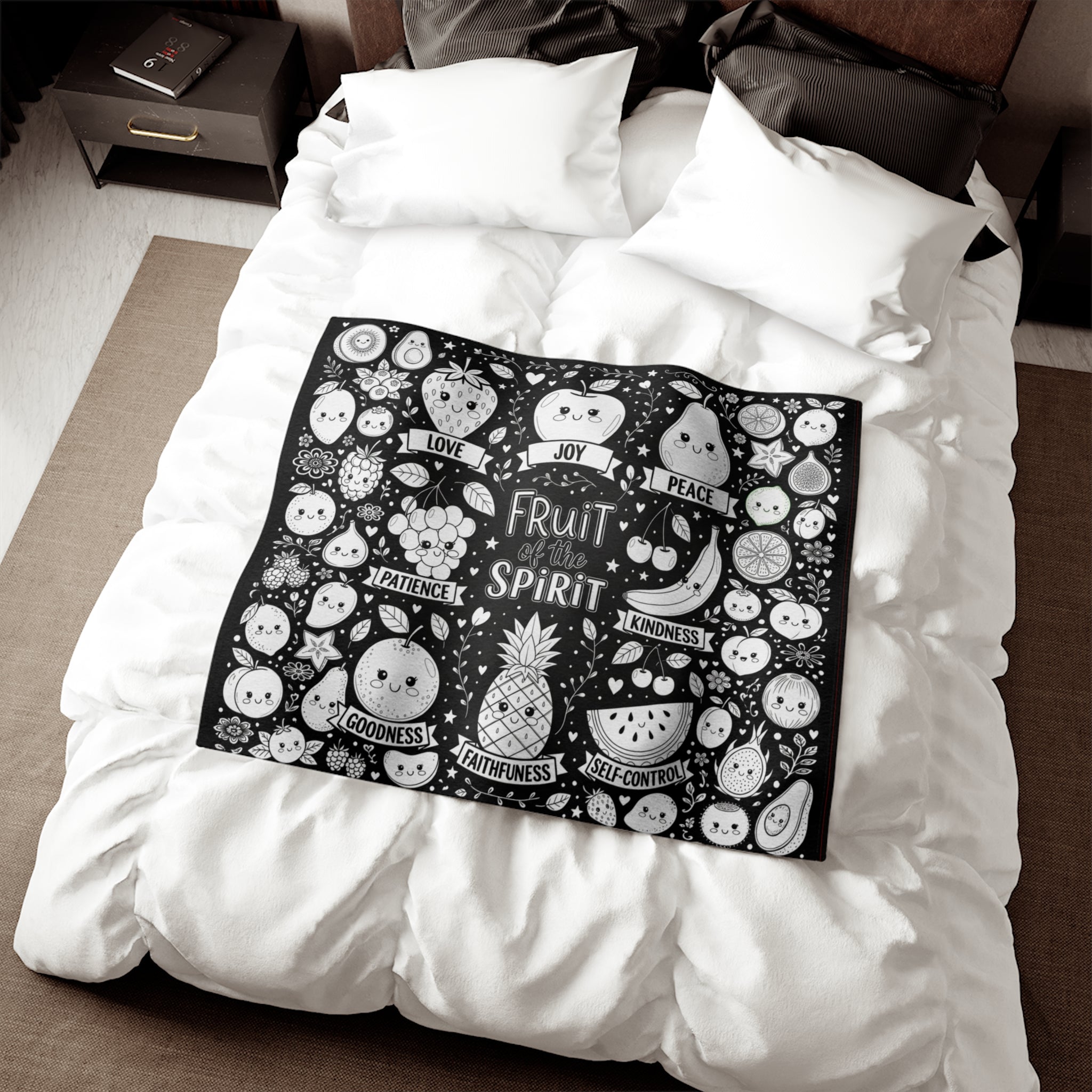 Fruit of the Spirit Cozy Blanket — Cute Kawaii Fruit Faith Design (Love, Joy, Peace, Kindness)