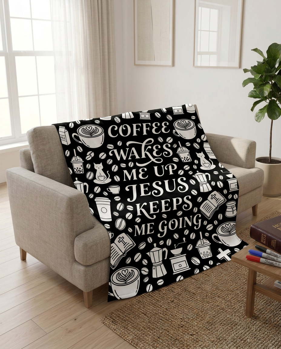 Coffee Wakes Me Up, Jesus Keeps Me Going Sweatshirt Blanket