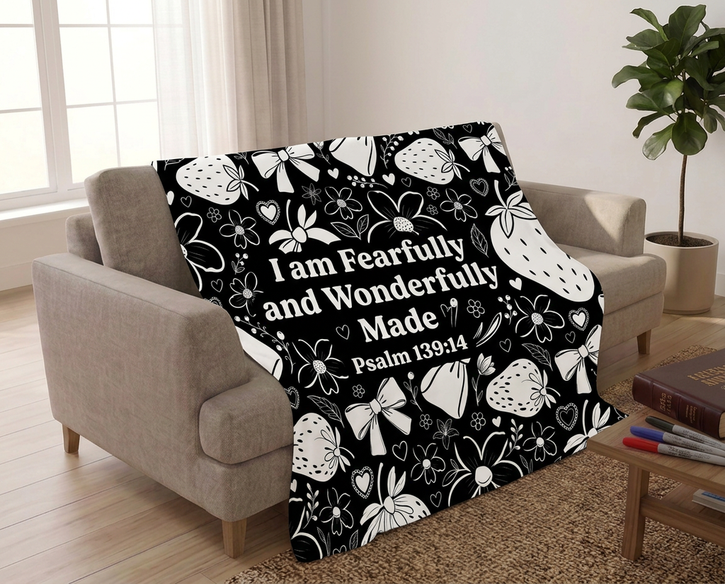 Psalm 139:14 Sweatshirt Blanket — "I Am Fearfully and Wonderfully Made" Floral Strawberry Prayer Throw