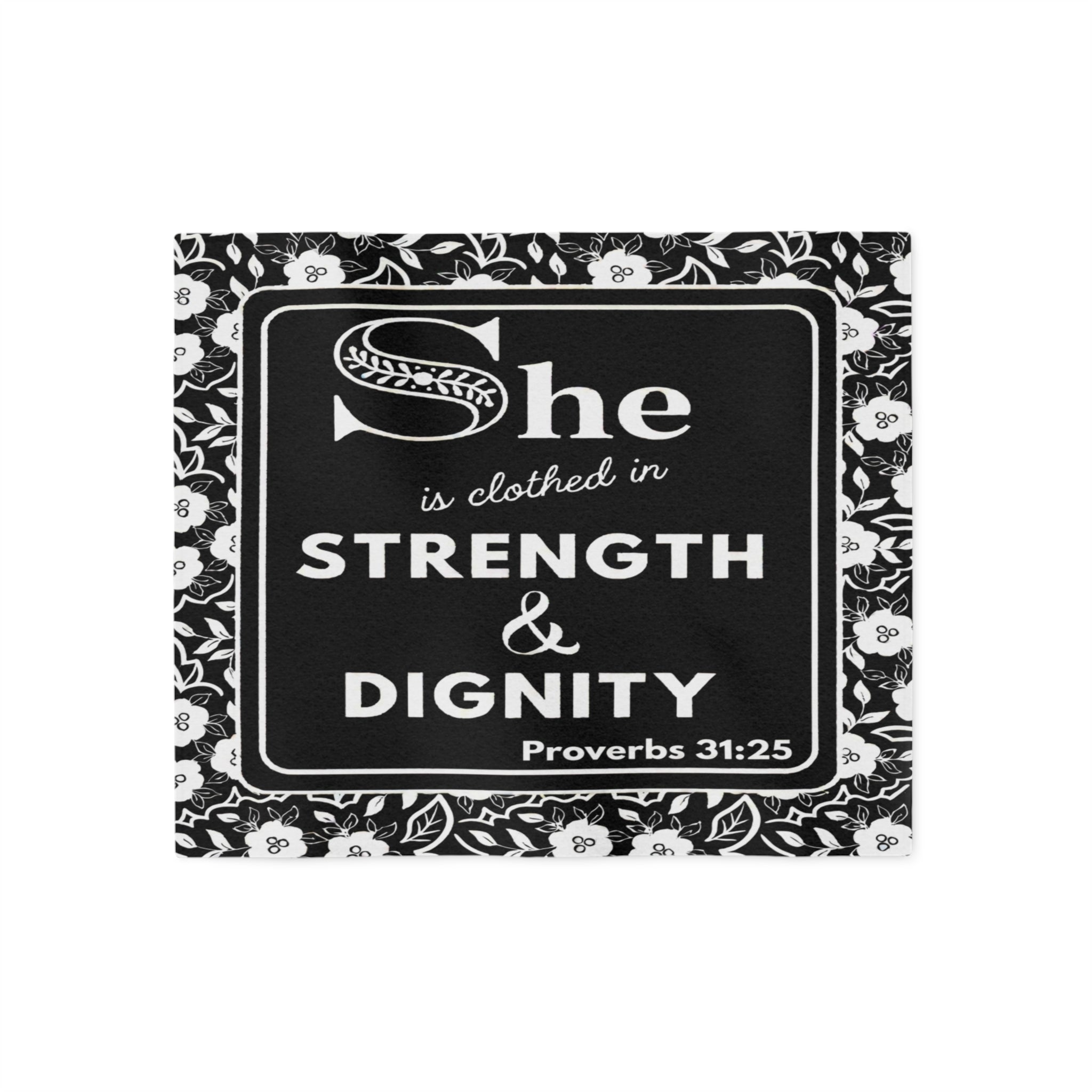 She Is Clothed in Strength & Dignity Sweatshirt Blanket — Proverbs 31:25 Christian Throw