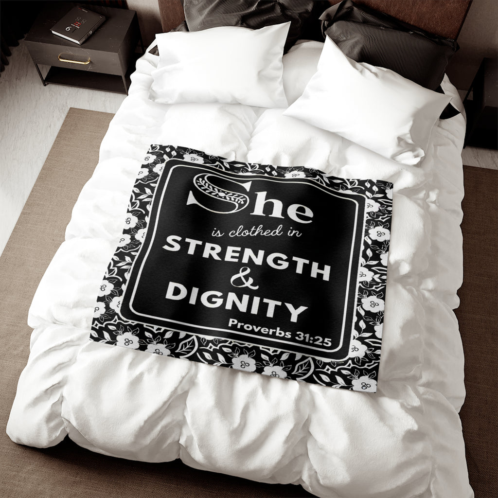 She Is Clothed in Strength & Dignity Sweatshirt Blanket — Proverbs 31:25 Christian Throw