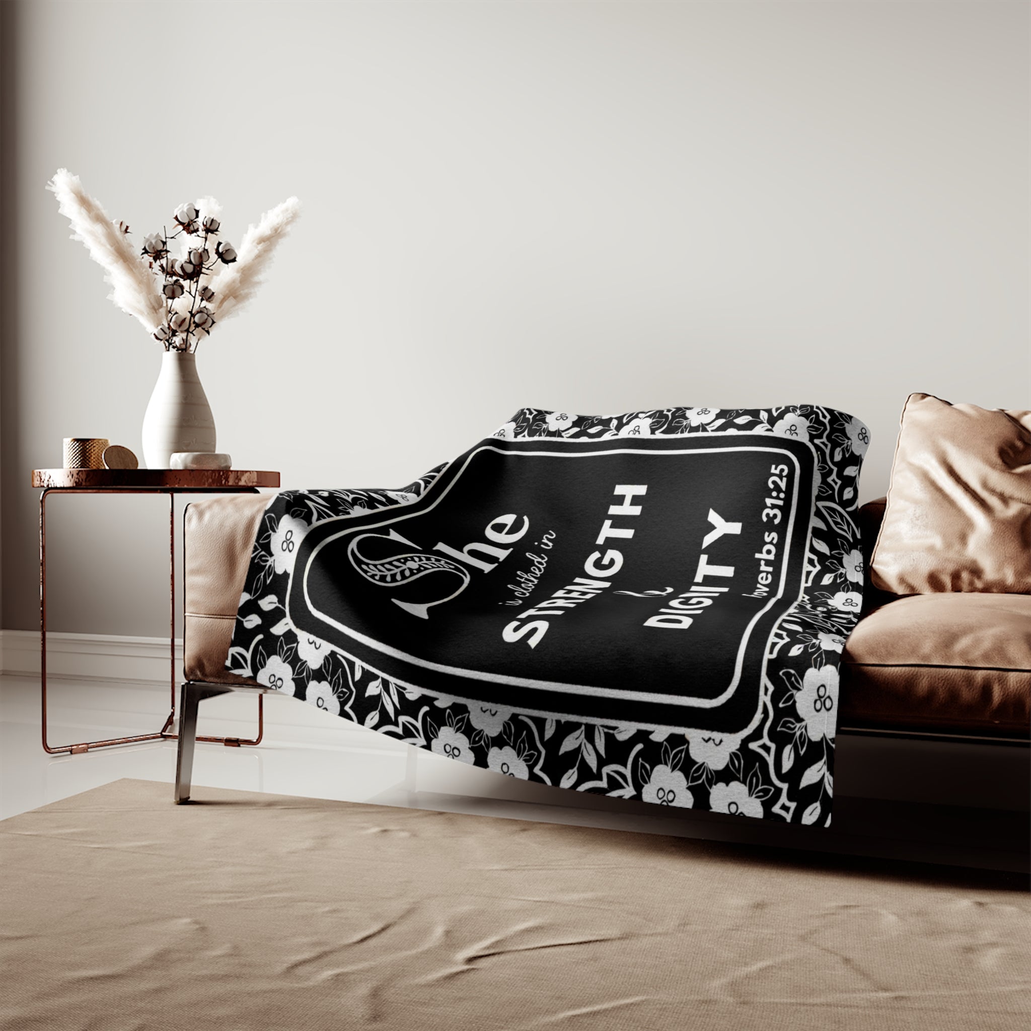 She Is Clothed in Strength & Dignity Sweatshirt Blanket — Proverbs 31:25 Christian Throw